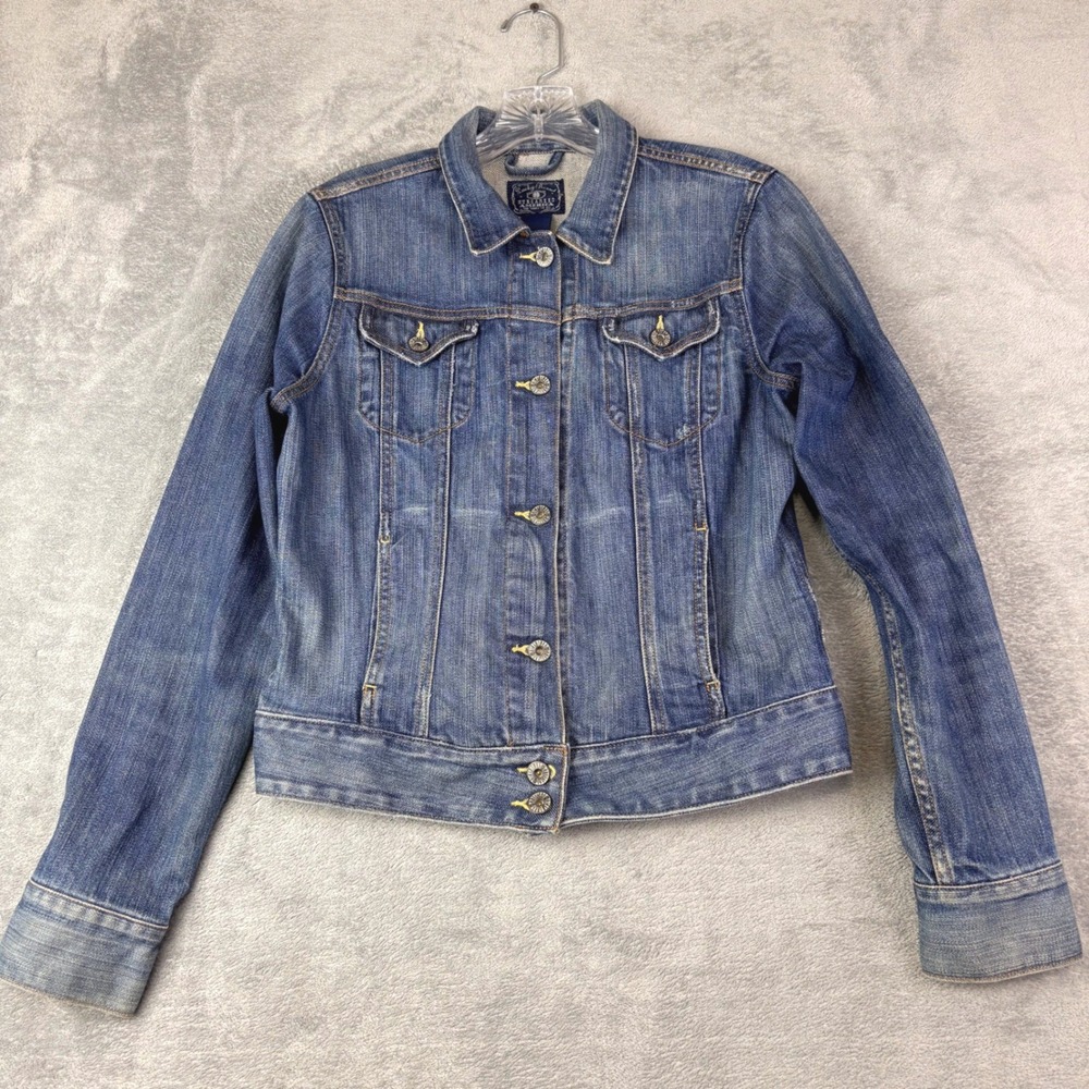 Lucky Brand M Blue Denim Trucker Jacket Stretch Pockets Americana Classic Retro
